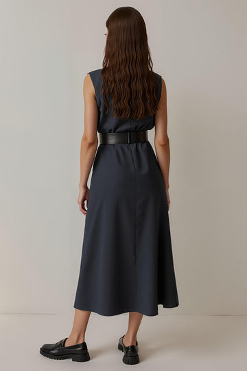 Navy A Line Midi Work Dress with Belt